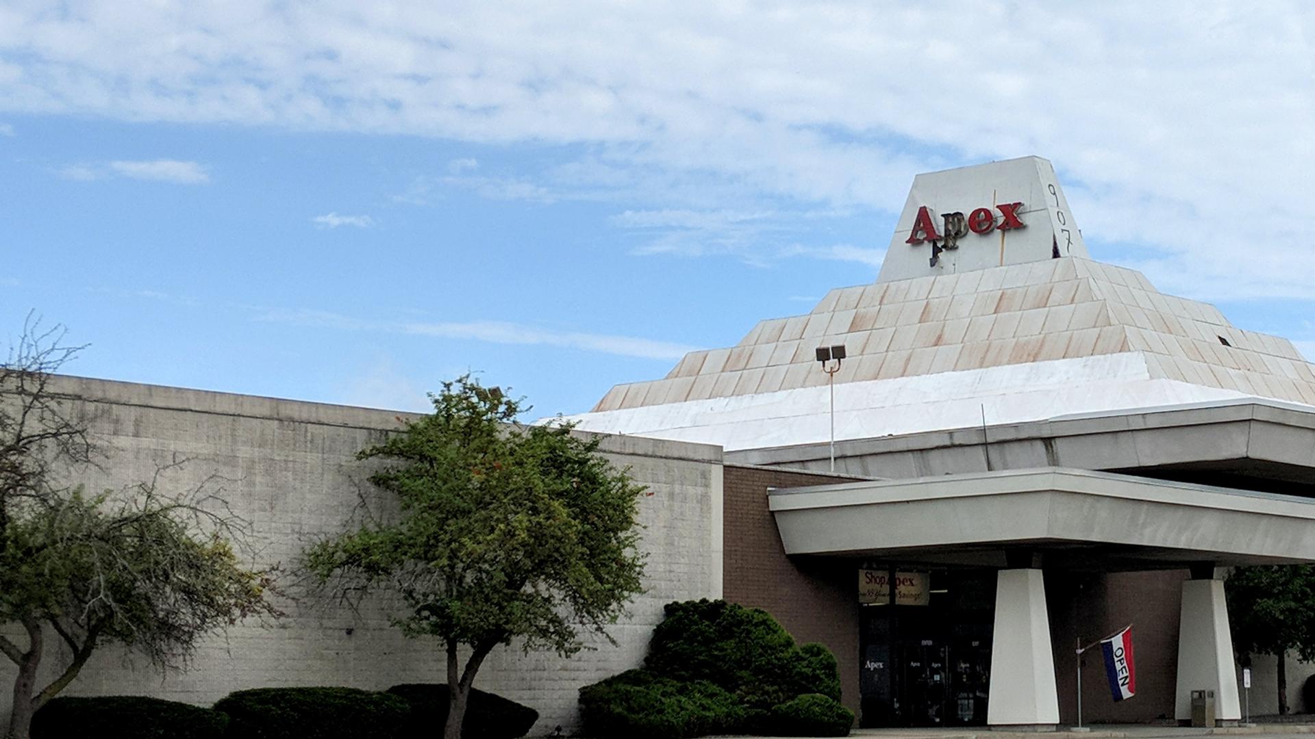 The ziggurat roof line of the Apex building in Pawtucket, RI