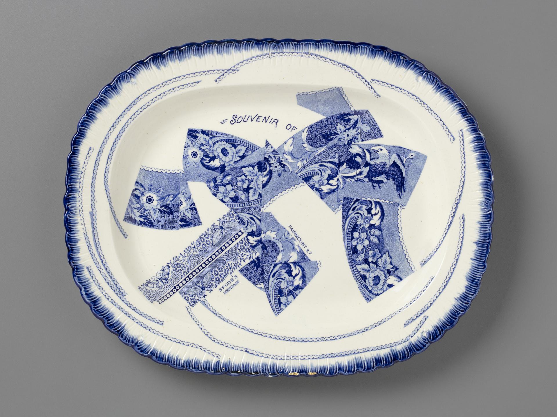 blue and white transferware platter