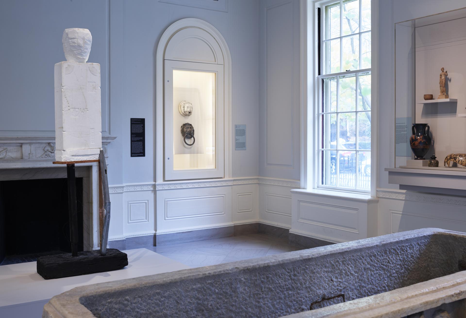 Installation shot of Huma Bhabha "Ghost" sculpture on view in the Greek and Roman gallery