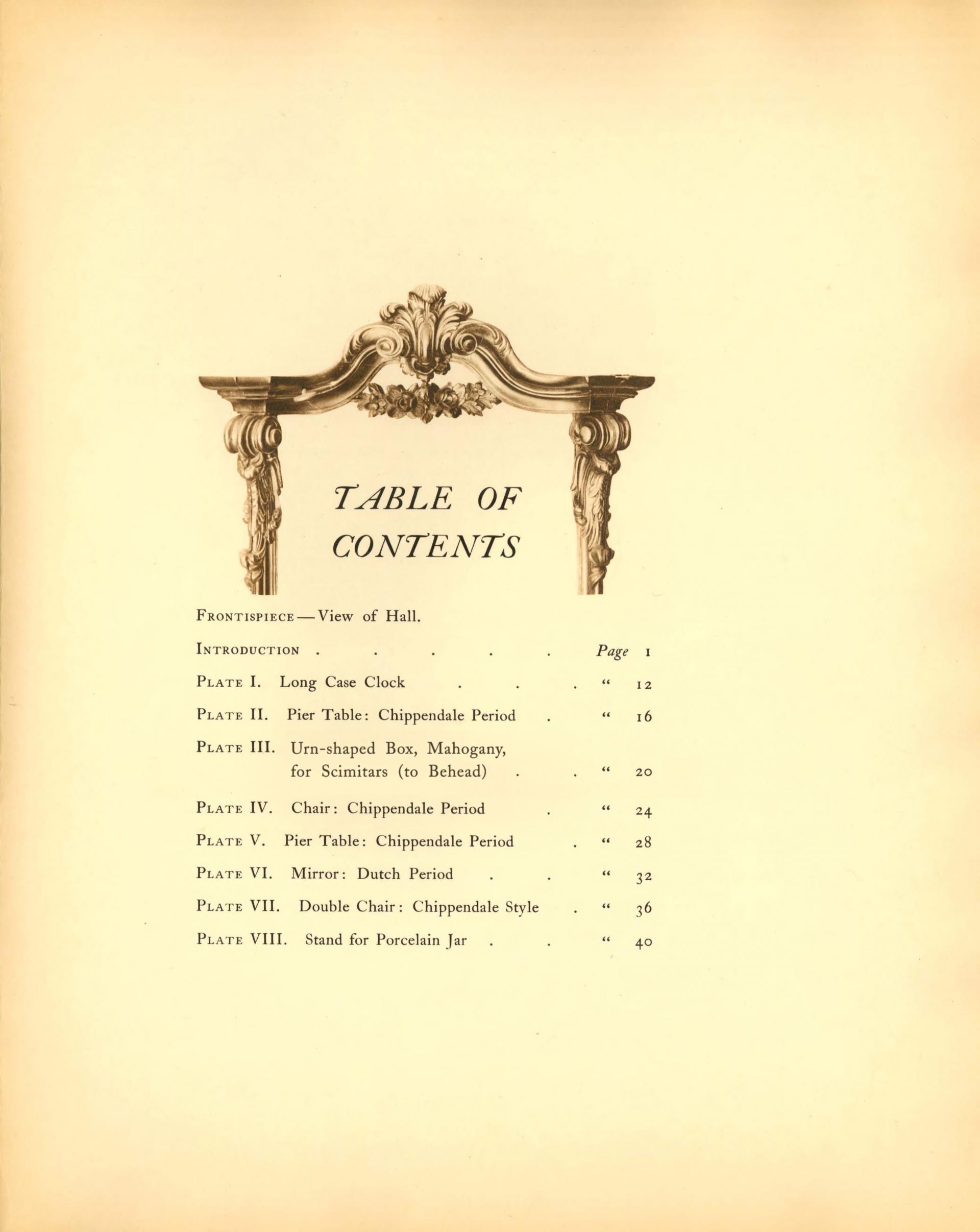 The Pendleton Collection: Table of Contents page, with an ornate photogravure frame around "table of contents" 
