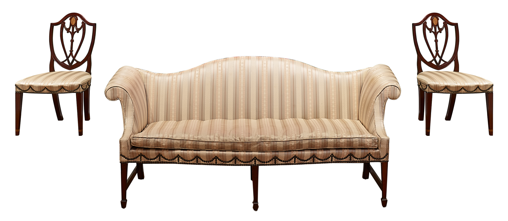 two wooden side chairs with cream upholstered seats, American, ca. 1800 flanking a couch upholstered with the same fabric, also American, ca. 1800