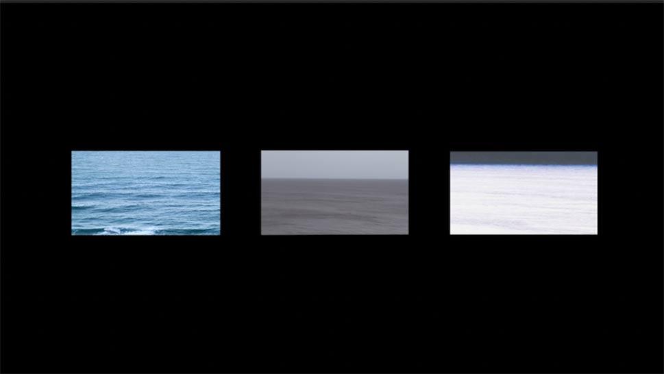 Frame grab of a three-channel video depicting altered views of the ocean filmed at the same location. Differences in the images are to lead the viewer to recognize patterns.