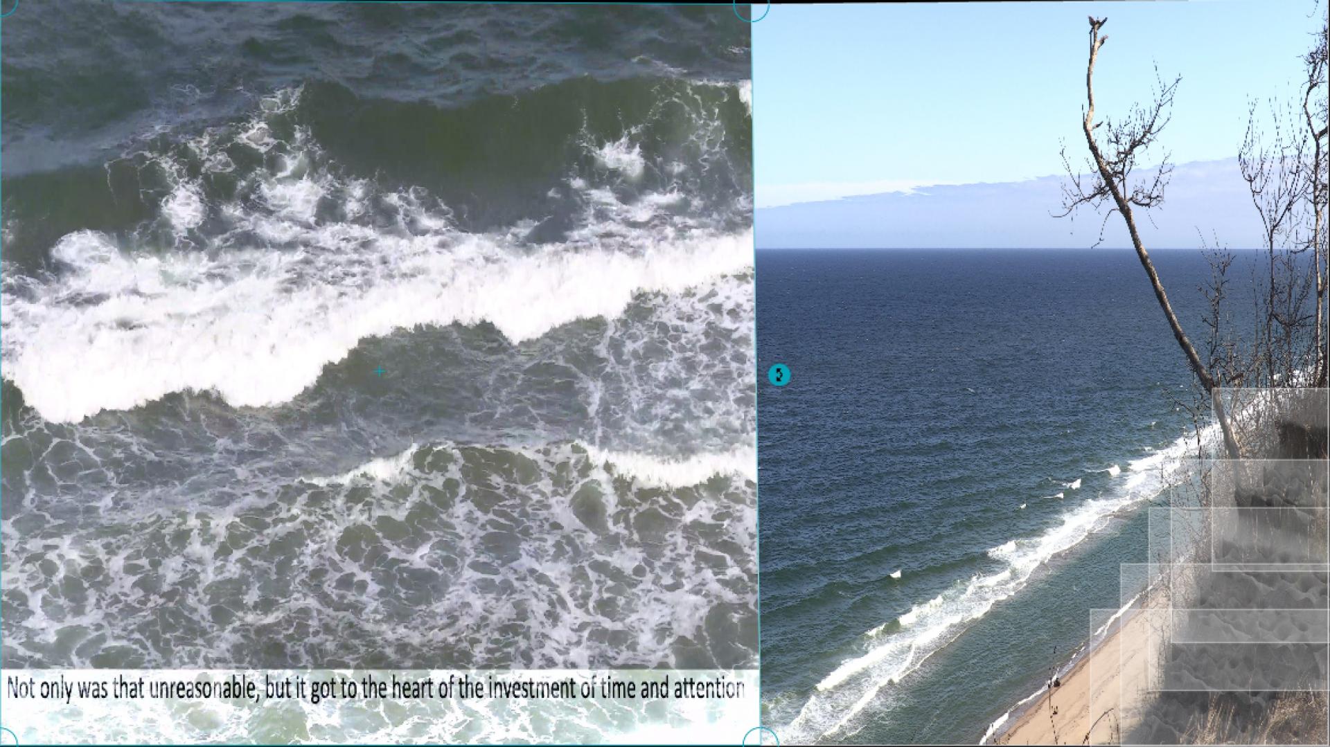 Waves with text in a split screen with a glacial cliff.