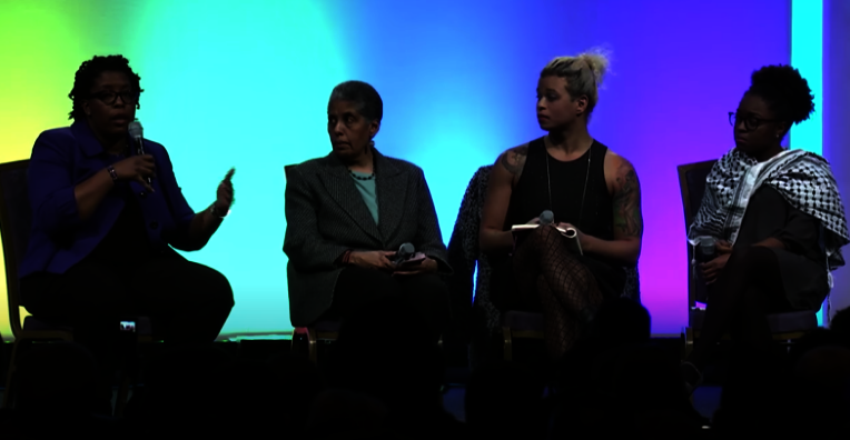 Barbara Smith, Reina Gossett, Charlene Carruthers speaking on a panel discussion
