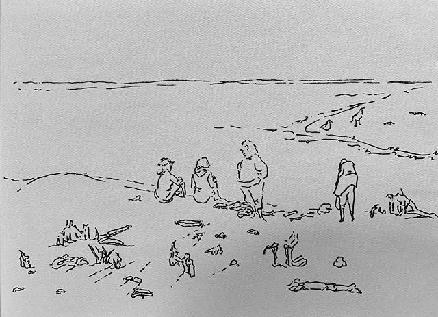 Ink line drawing of people at a seashore. Some are sitting, some standing. One looks down at the sand for seashells. Two sit looking out at the ocean.