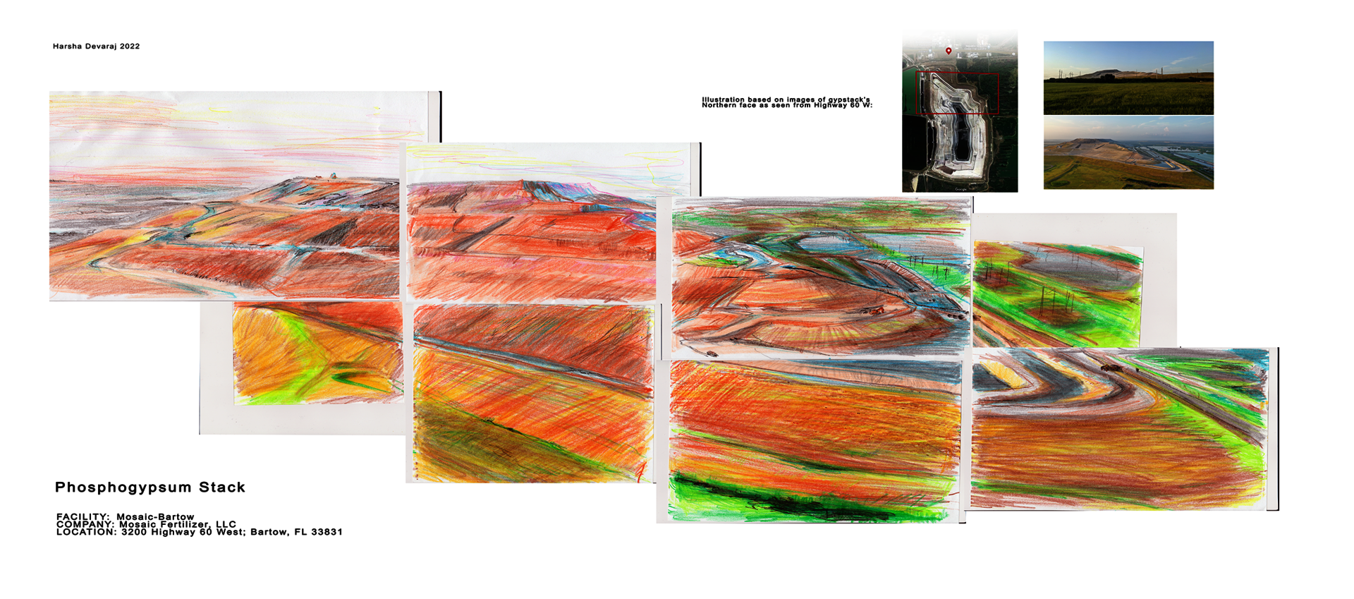 Crayon illustration of a mountain of fertilizer waste. Around the illustration are reference images taken by drone, and a satellite image of the site from Google Maps.