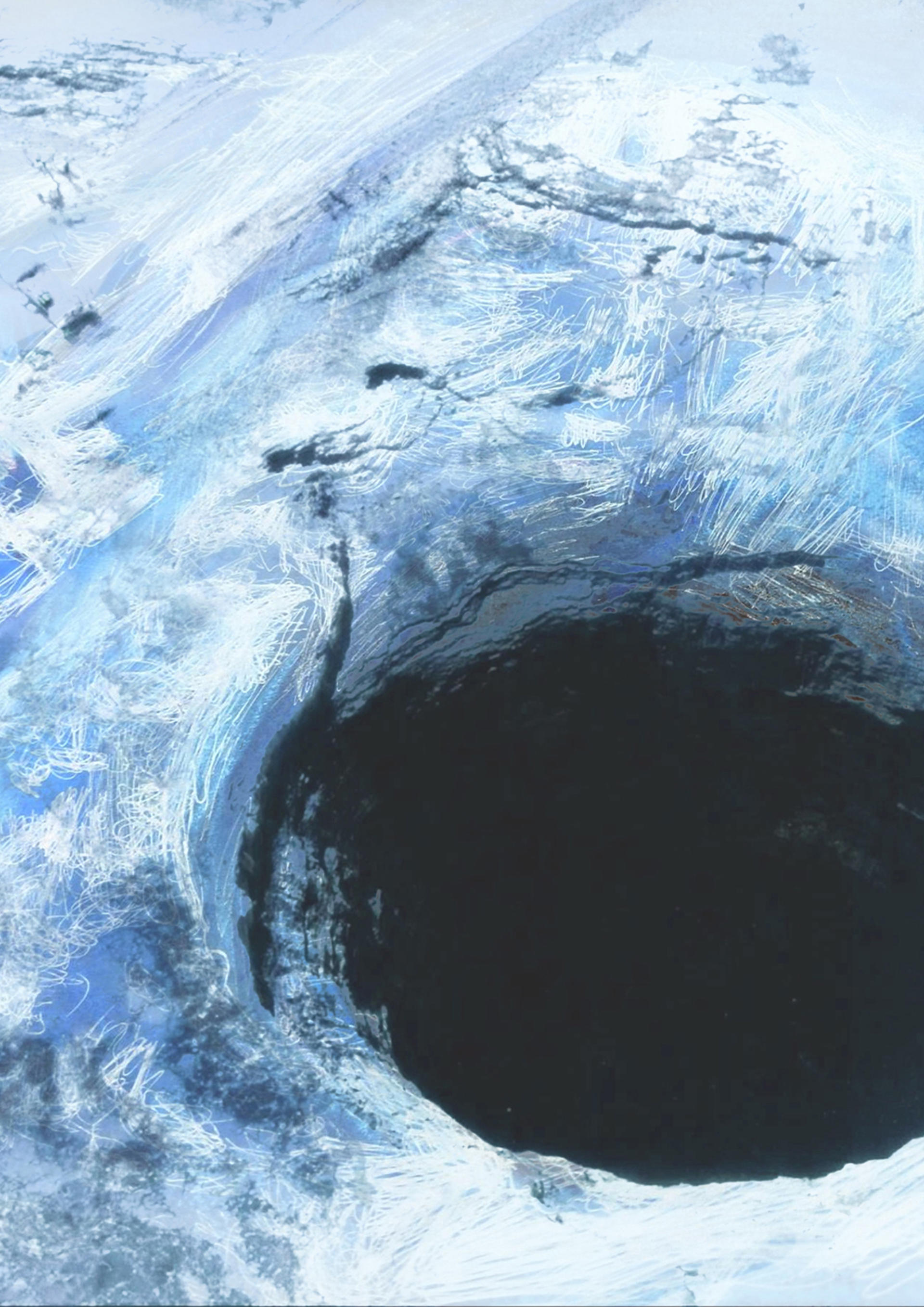 A mixed-media illustration shows a cavernous black hole in a blue-grey sandy landscape. Gestural lines hint at a worksite nearby.