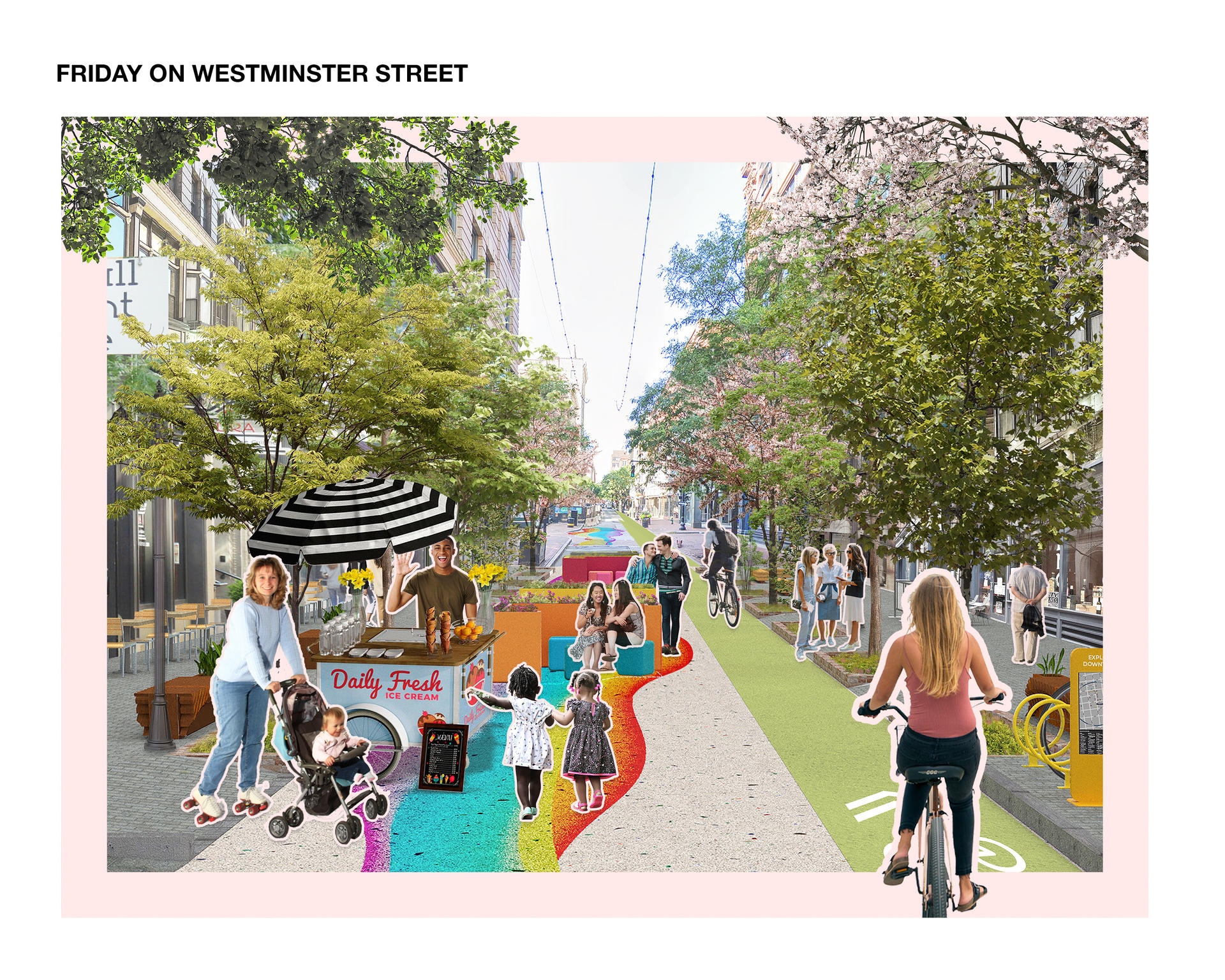 Pop-up food stalls on a pedestrian-only street with ample flexible seating opportunities. 