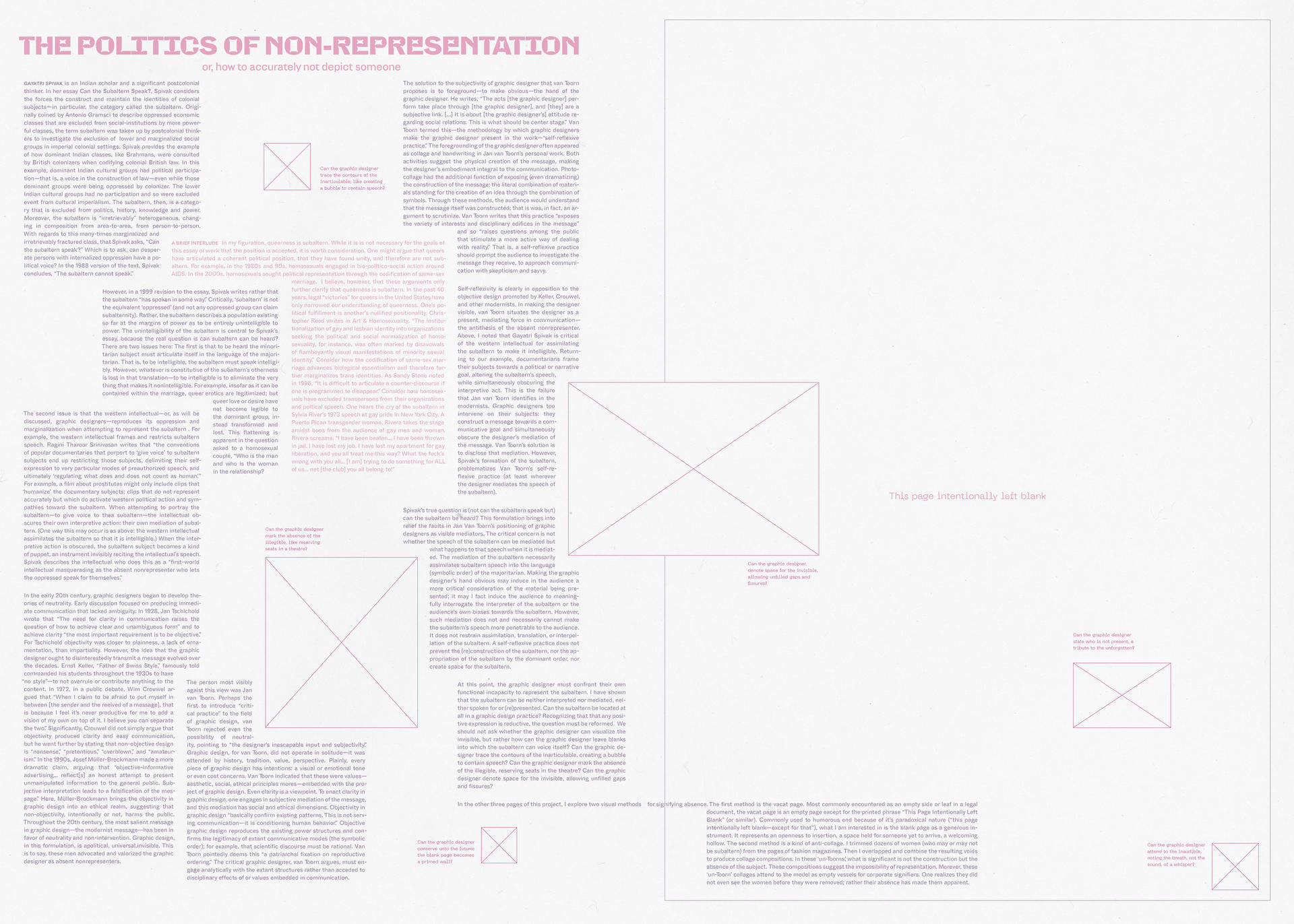 Left, an essay in pink text, set in scattered boxes. Right: A page left intentionally blank.