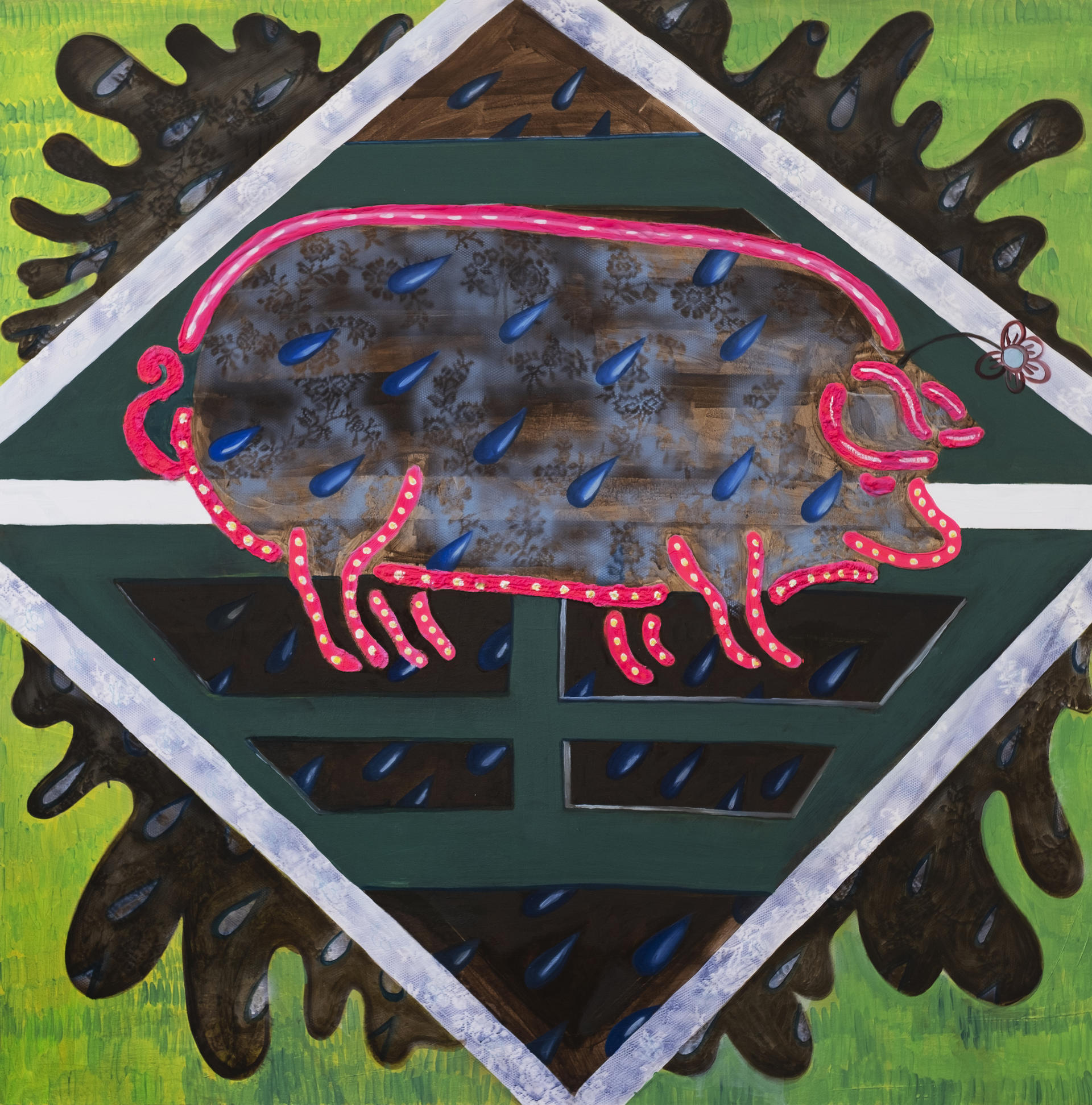 A neon pig walking aimlessly in soft warm mud on a prairie. The image is from a butcher’s sign outside of a local restaurant.