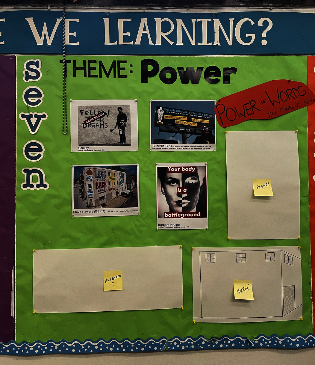 Visual of a wall showing seventh grade lesson plan and artist examples