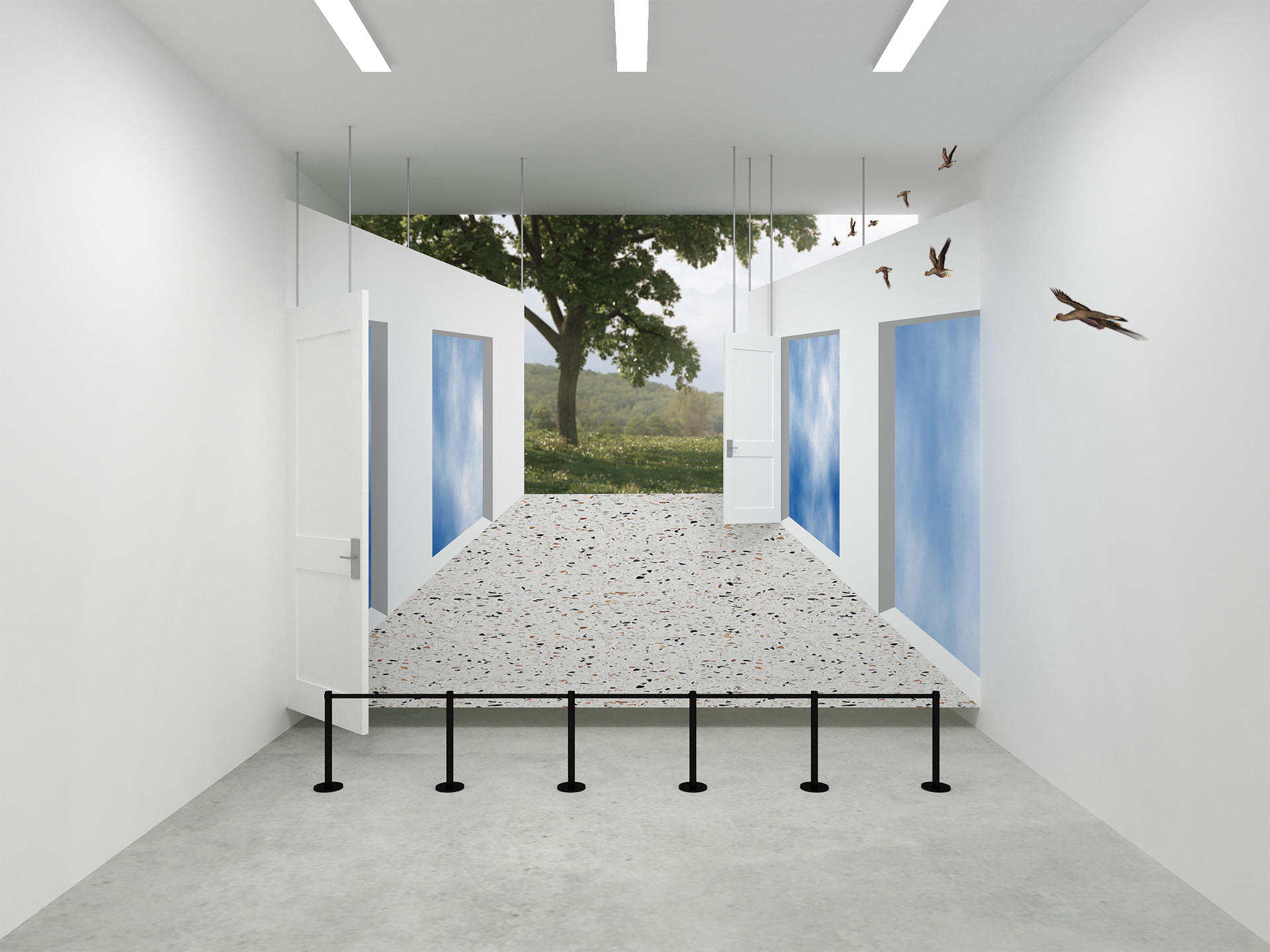 A scene of a gallery space with an artificial perspective to the exterior as an installation.  