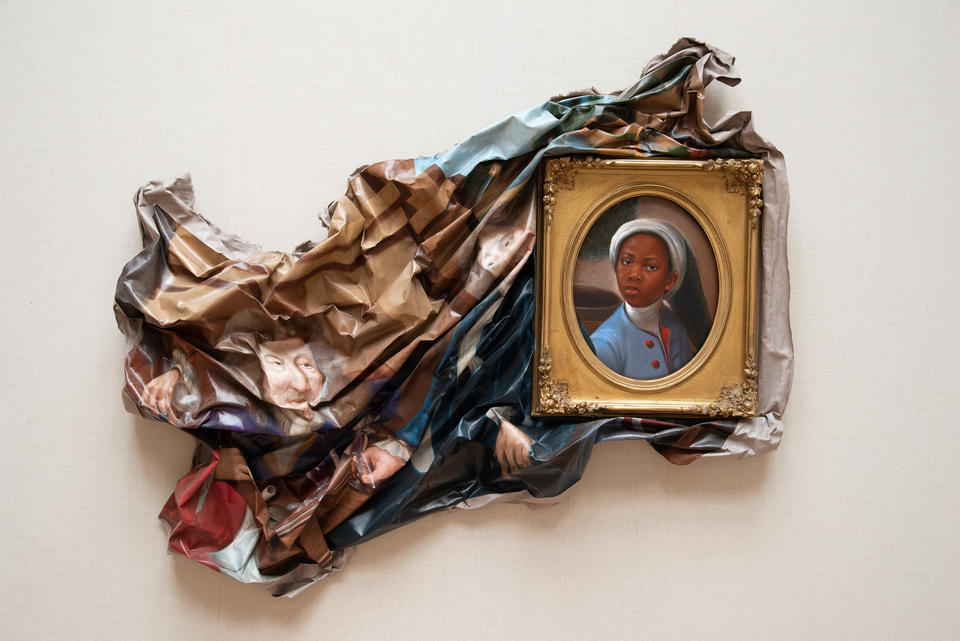 Titus Kaphar's painting Enough About You is copied from an 18th century painting and features a large mass of canvas partially framing a young, African child, while the rest of the canvas hangs crumpled on the wall so that the older, European noblemen are left warped and disfigured.