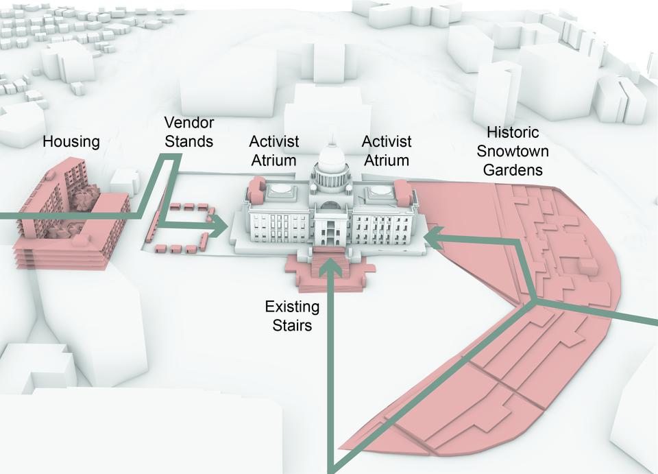 An exterior perspective image showing the different elements of the group project that include: proposed housing, proposed outdoor vendor stalls, my two proposed activist atrium spaces, the existing entry stairs and the proposed historic snowtown gardens. 