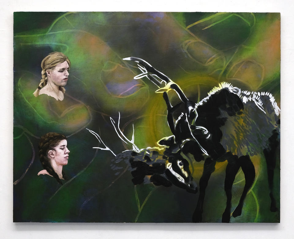 Painting with a large hand holding a ring in the background, with two fighting elk and two teenage girls collaged on top. 