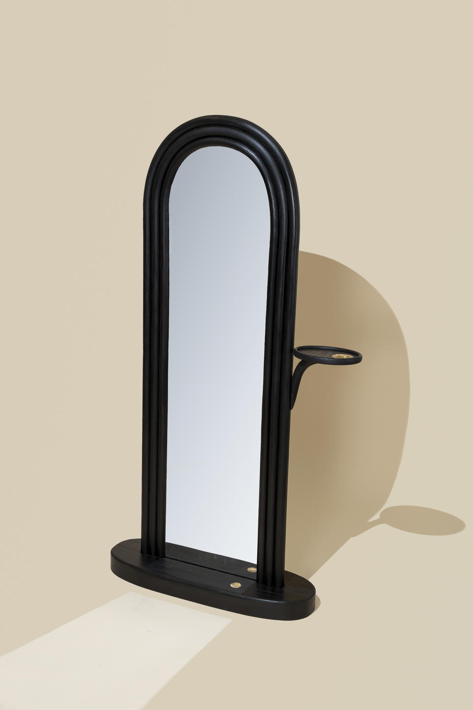 Black archway double sided mirror with hammered bronze details