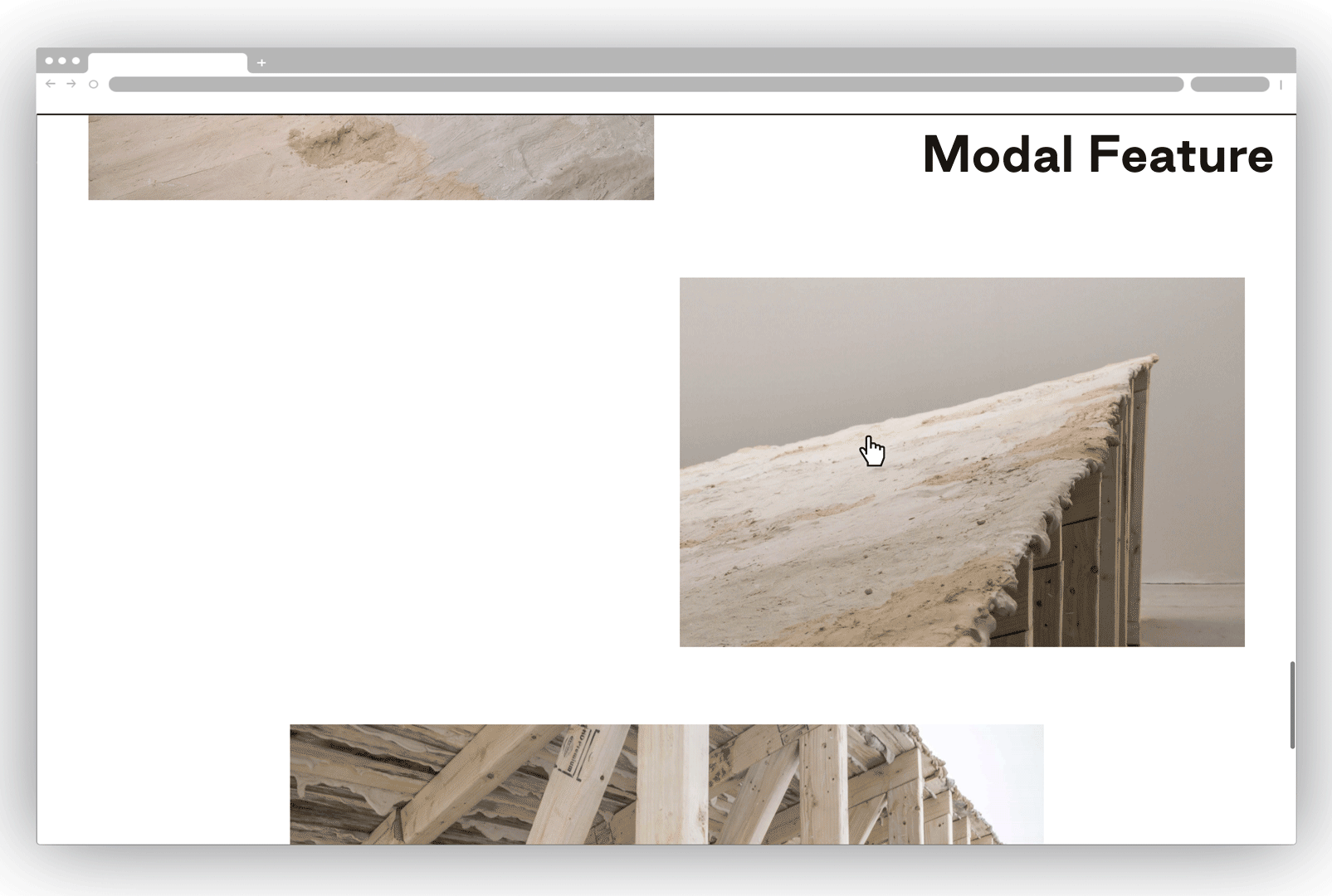 Demonstrating Modal Feature. Clicking on an image of a clay covered platform reveals a modal with additional text.