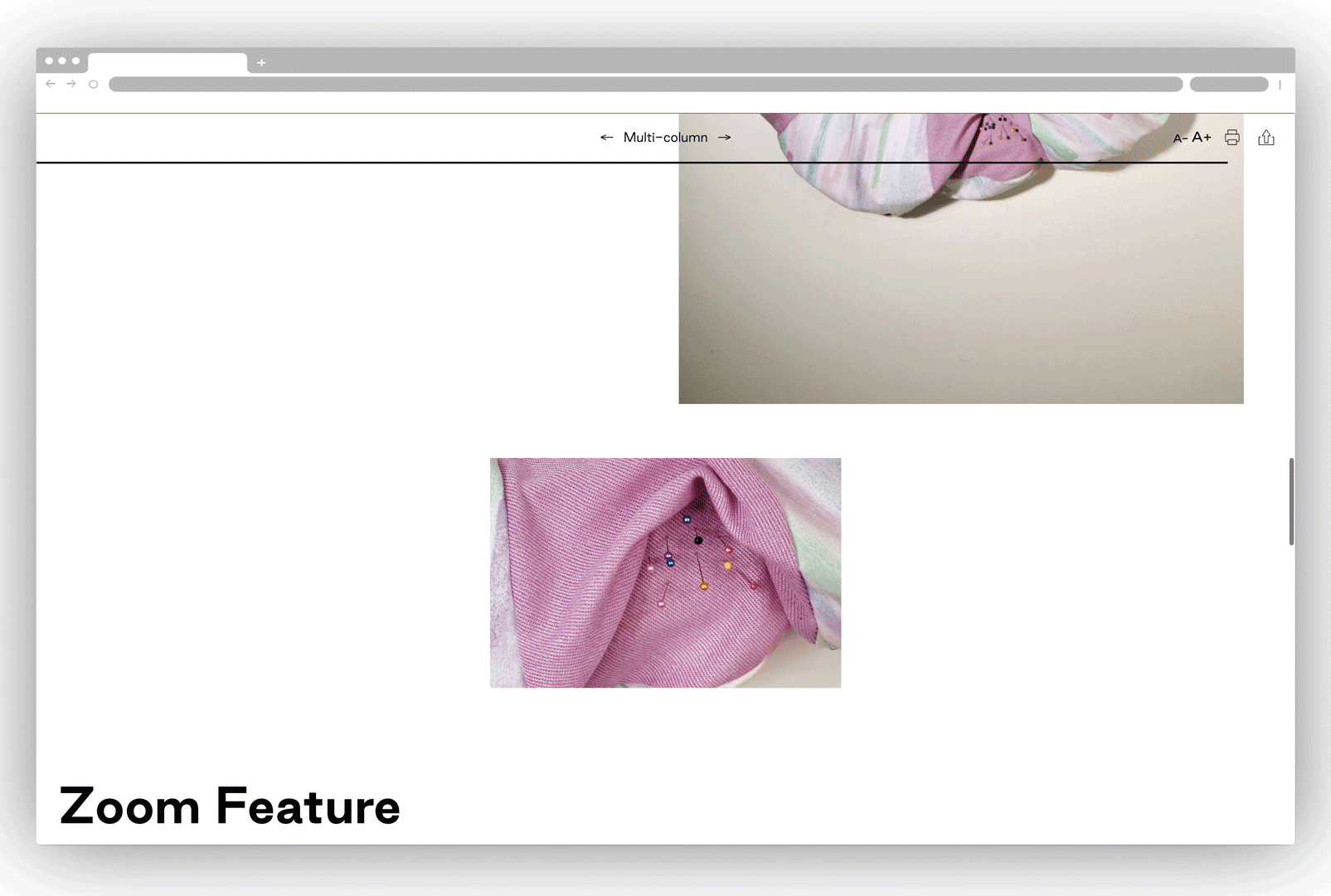 Demonstrating the Zoom feature on image blocks. Pink fabric with pins zooms when hovered over.