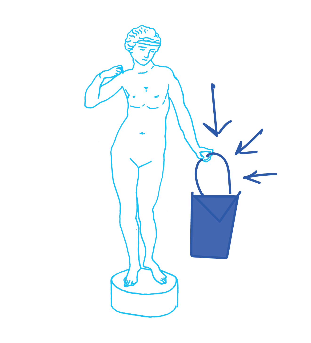 line drawing of nude Venus statue, holding a large blue bag