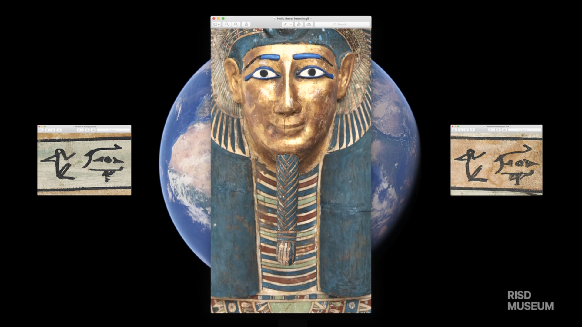 Digital collage. Close-up photo of Nesmin's gilded coffin face sits on top of a screencapture of Google Earth showing the globe at night. Boxes with hieroglyphs flank the globe on either side.