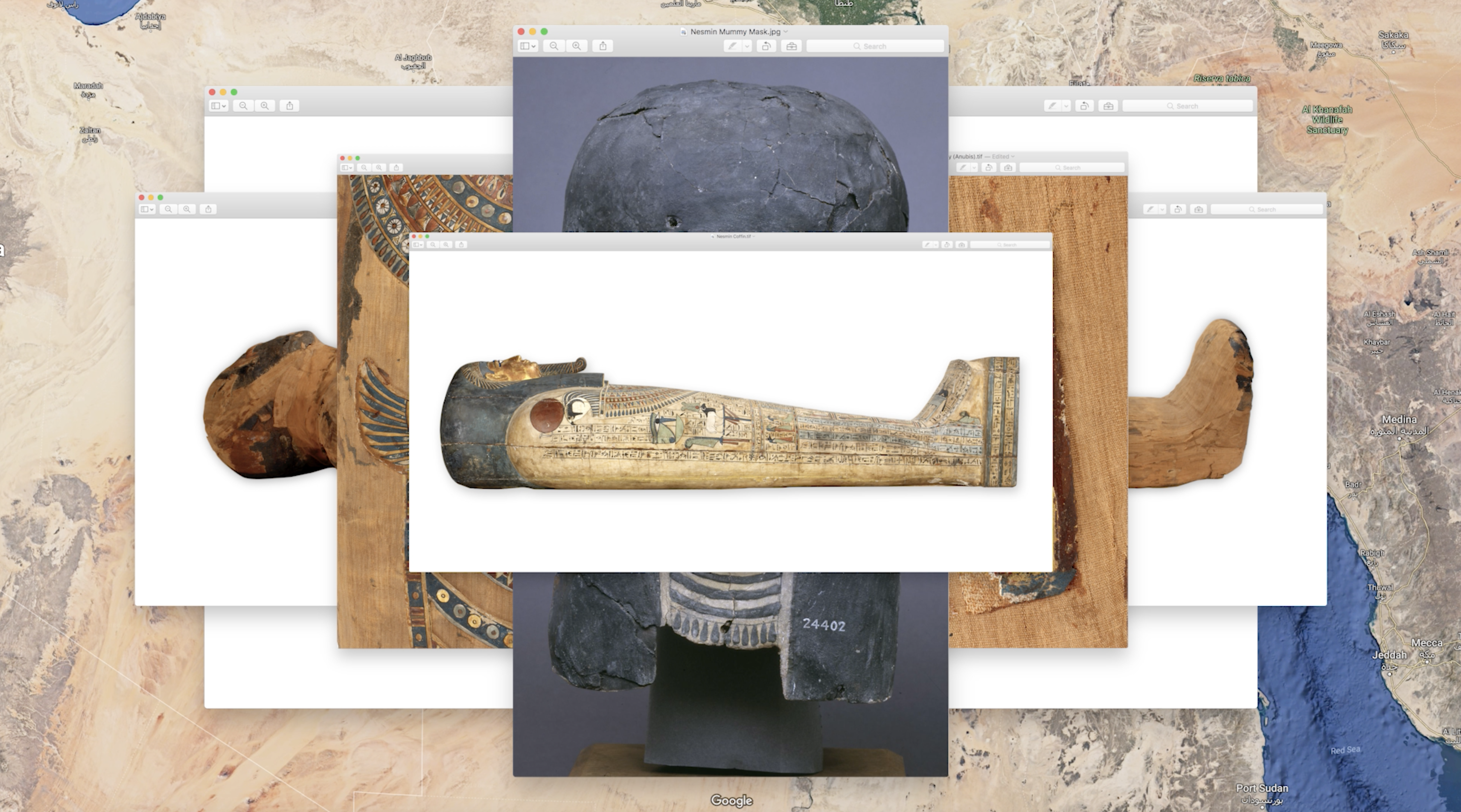 Digital collage. Several images of Nesmin's coffin are stacked on top of a screenshot from Google Earth of Egypt, showing the topography.