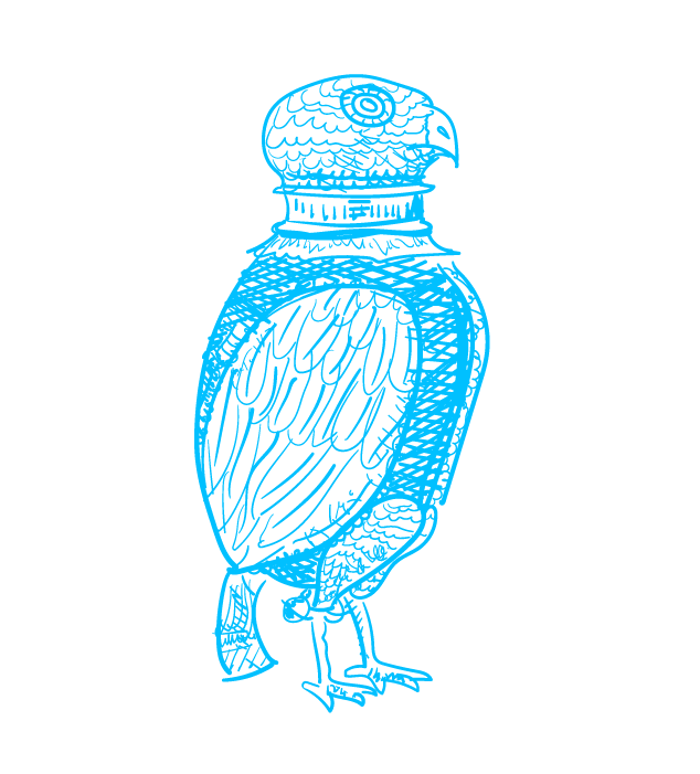 line drawing of the Owl Beaker, a drinking vessel made from a coconut with a metal owl head, wings, and feet