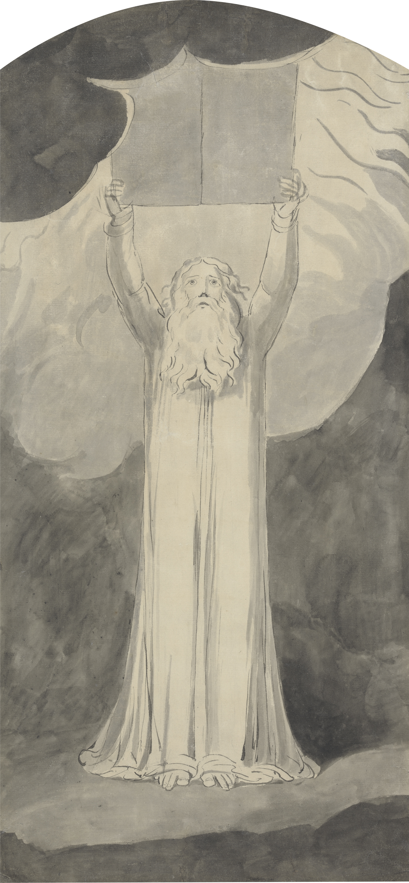A tonal black and white drawing of a light-skinned Moses with a flowing white beart and dressed in long robes with his arms raised holding two stone tablets.