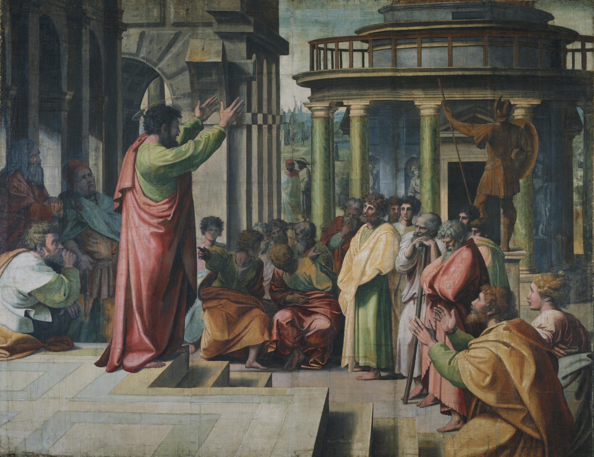 A muted color painting of Saint Paul preaching on a set of steps before a group of light-skinned men dressed in classical drapery, in various poses of attention and debate.