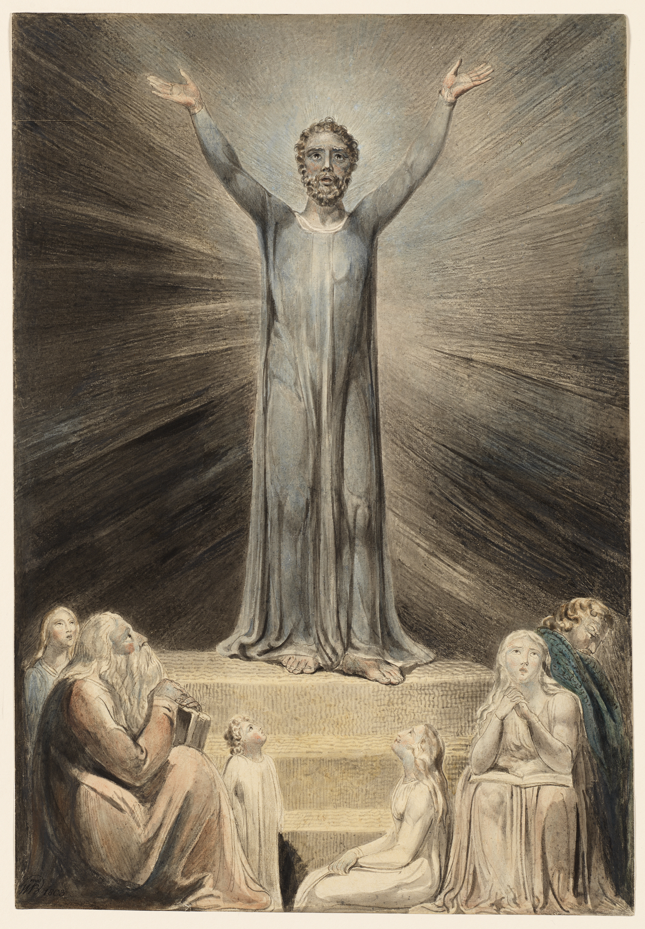 A muted painting of Saint Paul standing on an altar with his arms extended wide open in a moment of exaltation, dramatized by fine lines of black ink and watercolor.