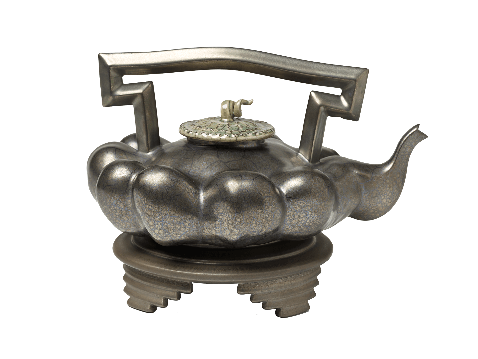 /Squash-shaped%20teapot%20in%20profile.%20Curling%20finial%2C%20rectangular%20handle%2C%20and%20stacked%20rectangular%20feet.%20Covered%20in%20a%20dark%20grey%20metallic%20glaze.