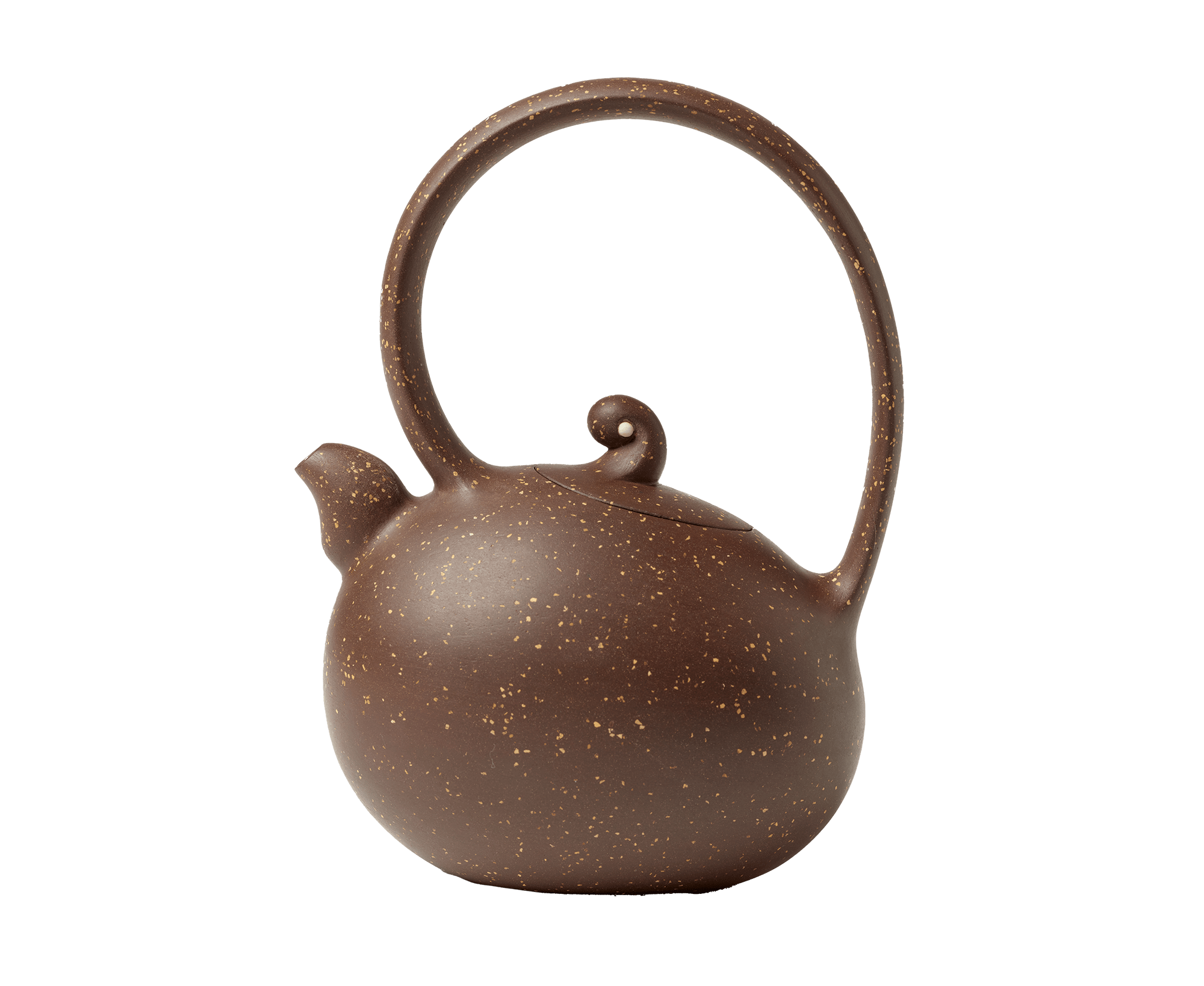 /Bulbous%20dark%20brown%20teapot%20with%20thick%2C%20short%20spout.%20Tall%20curving%20handle%20and%20curled%20finial%20on%20top.