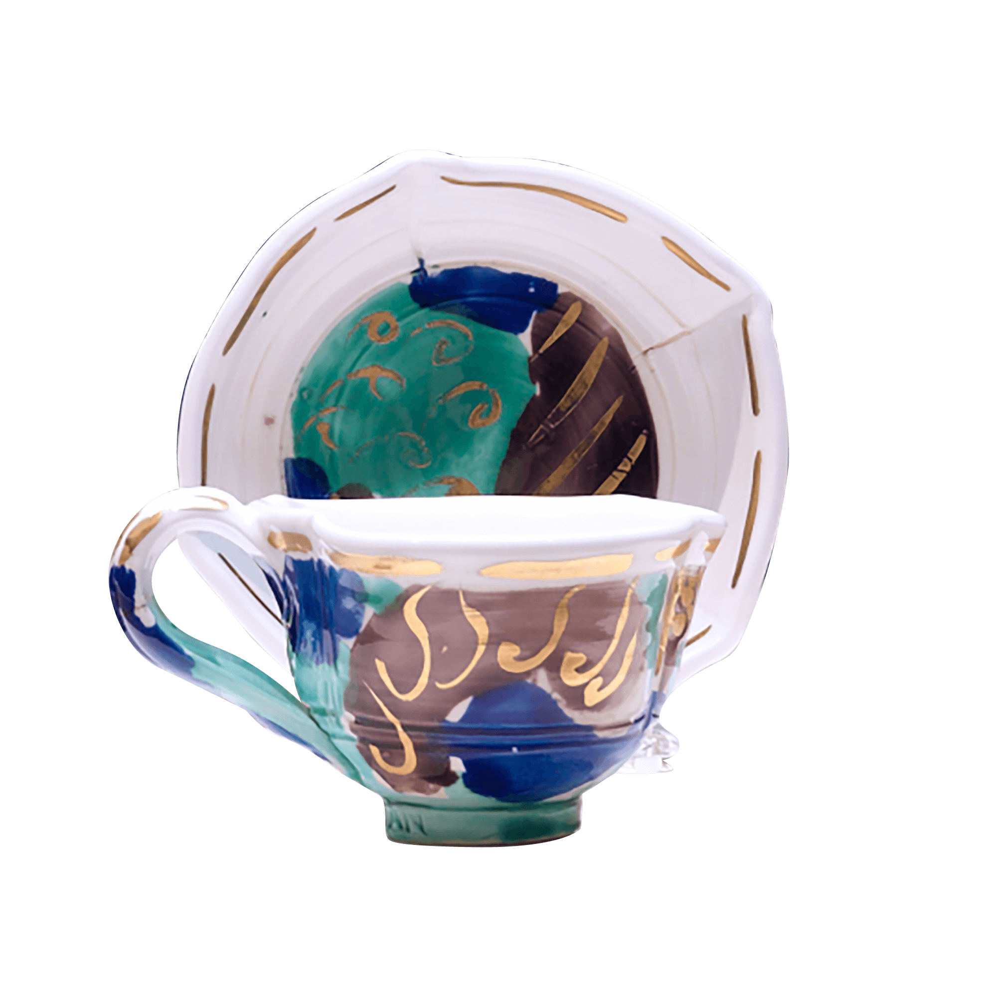 /A%20white%20teacup%20with%20an%20upright%20saucer%20behind%20it.%20Both%20are%20covered%20in%20abstract%20shapes%20of%20brown%2C%20blue%2C%20and%20green%20with%20gold%20lines%20and%20squiggles.