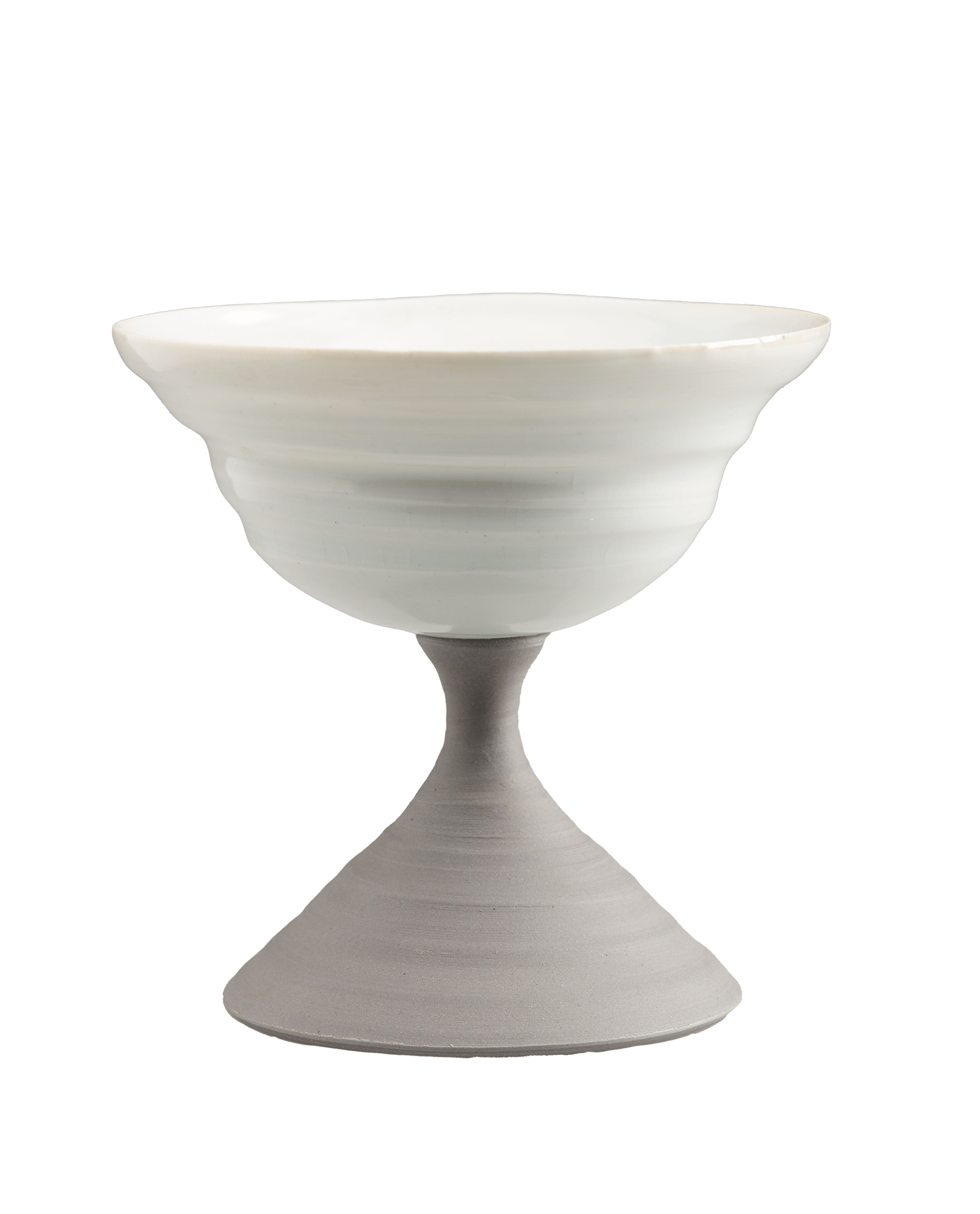 /A%20compote%20in%20an%20hourglass%20shape.%20A%20white%20bowl%20rests%20on%20top%20of%20a%20gray%20base.