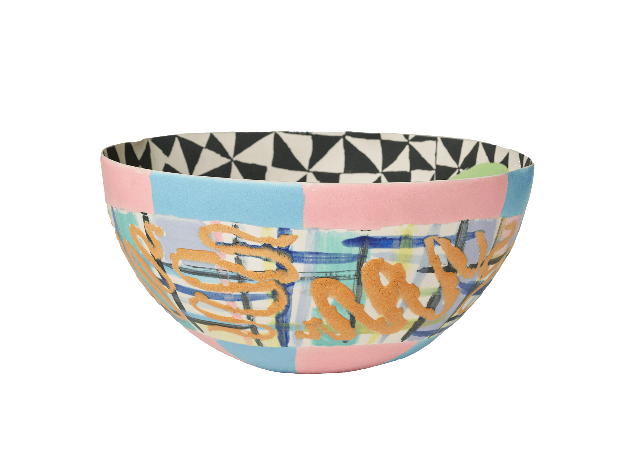 /Bowl%20with%20multicolored%20lines%20and%20blocks%20of%20blue%20and%20pink%20at%20the%20top%20and%20bottom%20of%20exterior.%20Black%20and%20white%20geometric%20design%20on%20the%20interior.%20