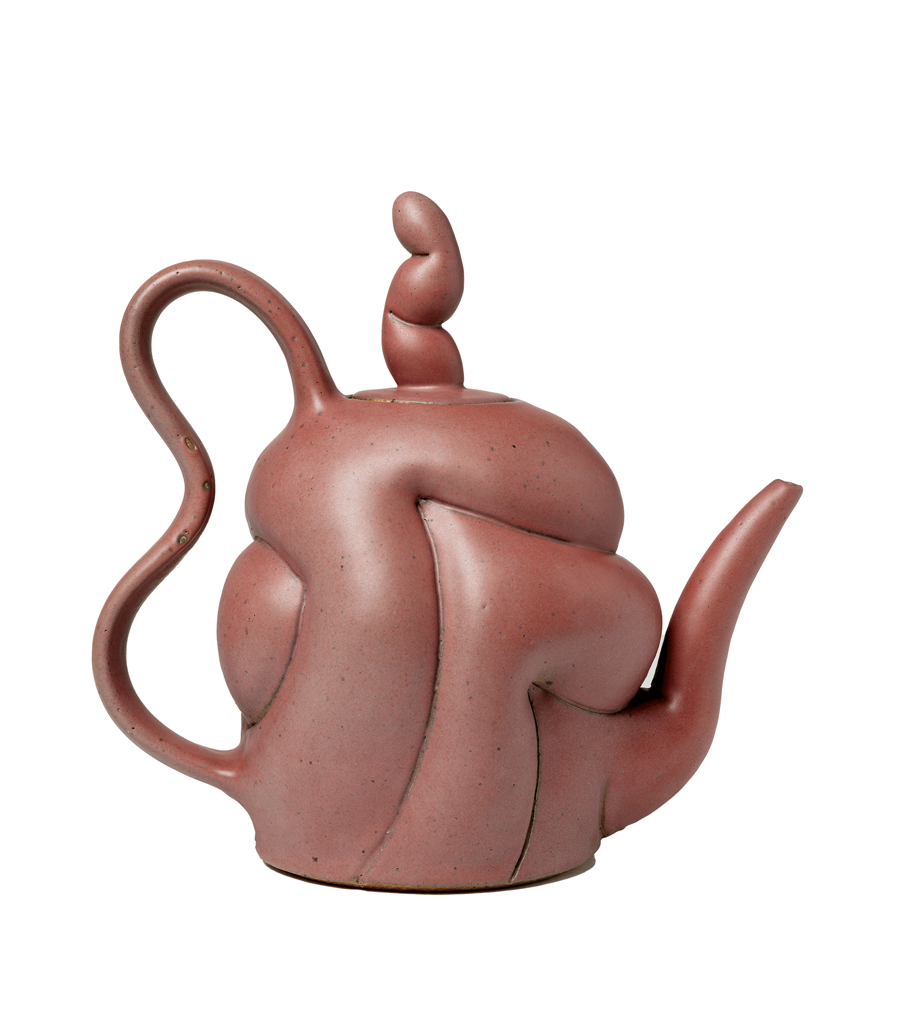 /Rust%20colored%20teapot%20in%20profile%20with%20over-exaggerated%20curves%20and%20tall%20finial.%20Spout%20points%20left%20and%20a%20large%20curving%20handle%20is%20to%20the%20right.