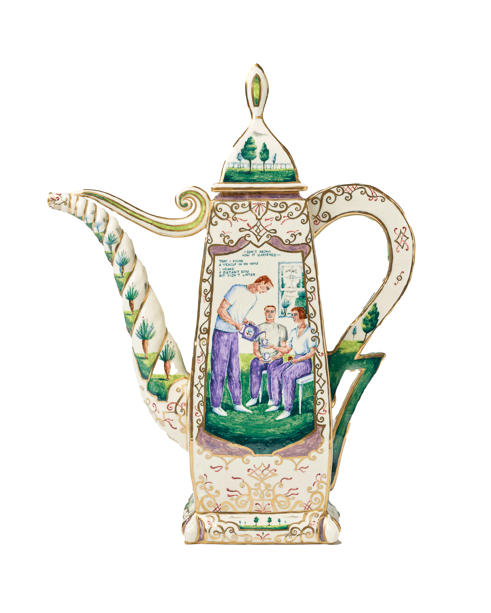/A%20cream-colored%20teapot%20with%20gold%20designs.%20In%20the%20center%20image%2C%20a%20standing%20figure%20pours%20tea%20to%20two%20seated%20figures.%20Text%20above%20their%20heads%20reads%3A%20%E2%80%9CI%20don%E2%80%99t%20recall%20how%20it%20happened%5B%2C%5D%20that%20I%20found%20a%20teacup%20in%20my%20hand%5B%2C%5D%20I%20heard%20a%20distant%20echo%20but%20didn%E2%80%99t%20listen.%E2%80%9D