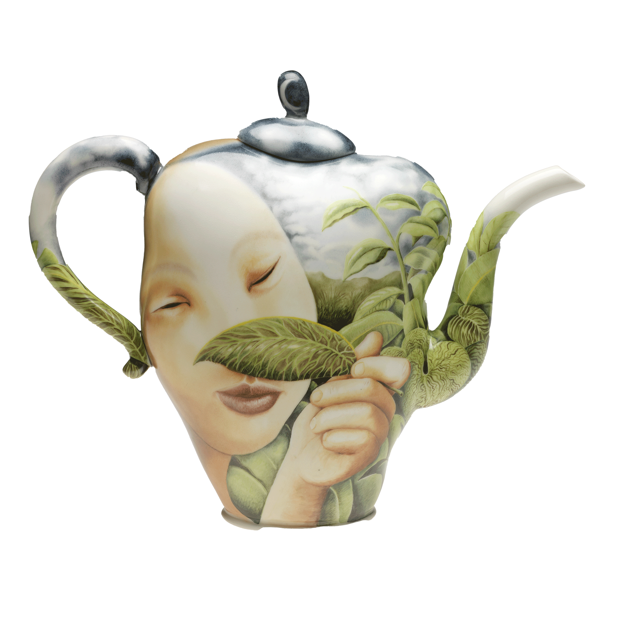 /Teapot%20with%20spout%20facing%20right.%20It%20is%20painted%20with%20a%20large%2C%20light-skinned%20face%20and%20hand%20holding%20a%20green%20leaf%20partially%20over%20face%2C%20surrounded%20by%20tropical%20green%20leaves%20and%20cloudy%20blue%20sky