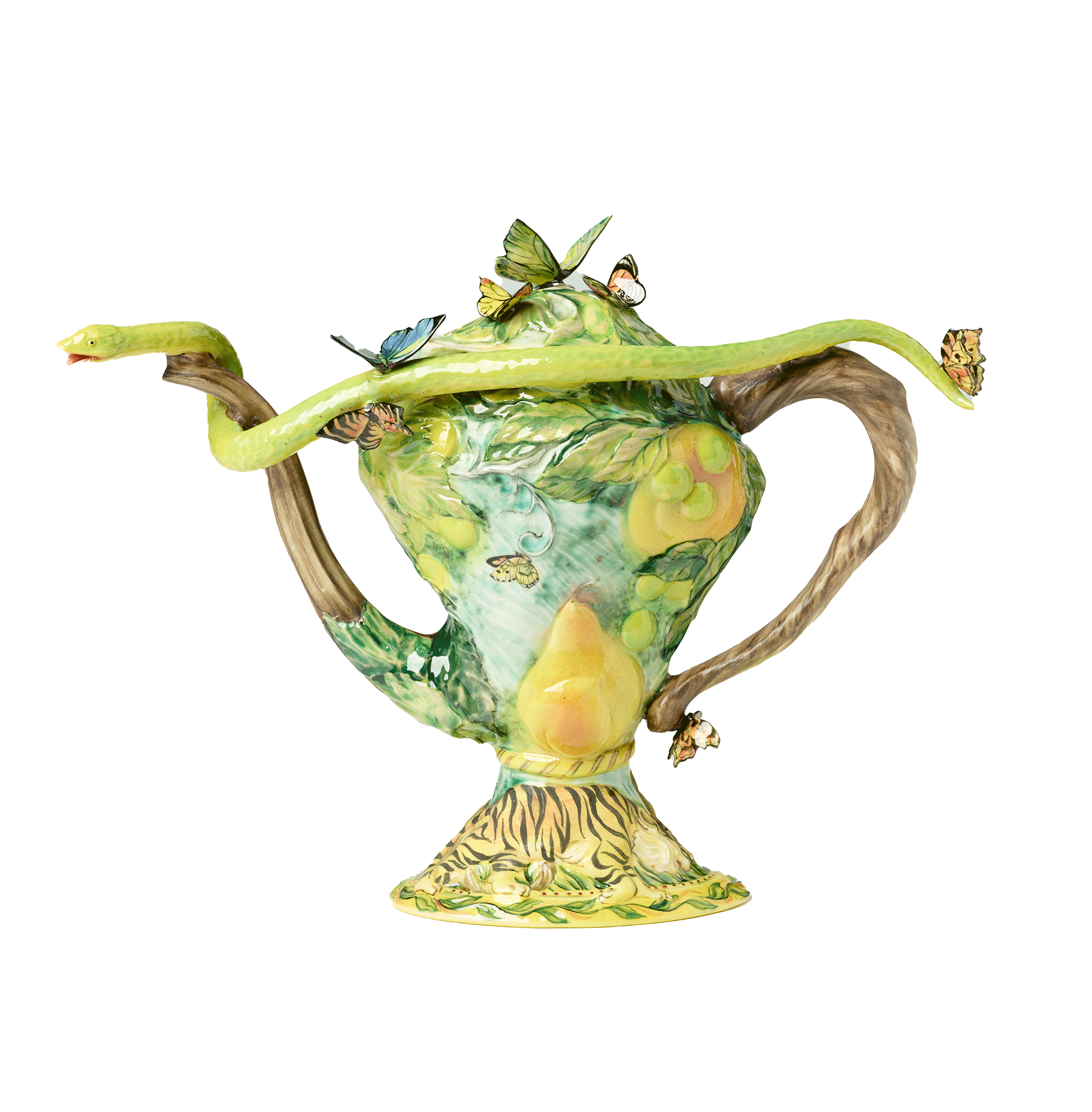/Teapot%20with%20leaves%2C%20pears%2C%20and%20butterflies%20on%20body.%20Tiger%20on%20the%20base.%203-dimensional%20butterflies%20on%20top%20of%20teapot%20and%20handle.%20Green%203-dimensional%20snake%20stretches%20from%20spout%20to%20handle.