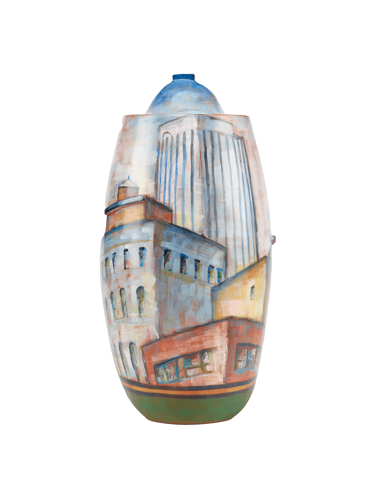 /Tall%20vessel%20with%20painted%20images%20of%20modern%20buildings.%20A%20small%2C%20blue-painted%20domed%20form%20on%20top.
