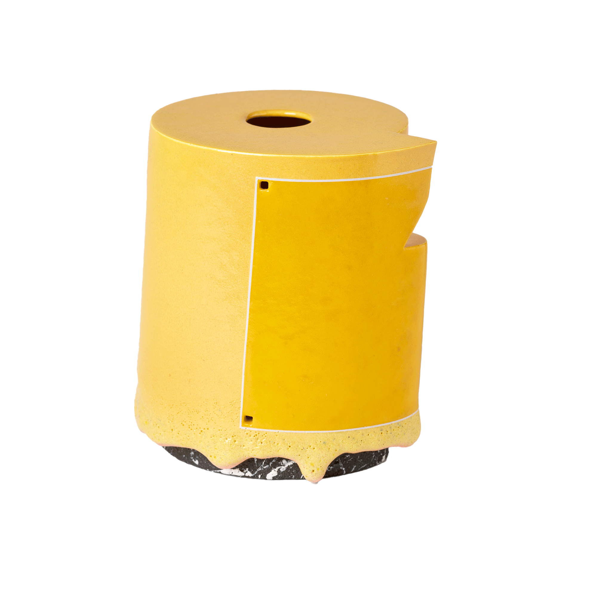 /Yellow%20cylindrical%20form%20with%20a%20hole%20in%20the%20top.%20Darker%20yellow%20square%20framed%20in%20a%20white%20line%20on%20the%20body.%20Yellow%20drips%20over%20a%20black%20base%20with%20streaks%20of%20white.%20