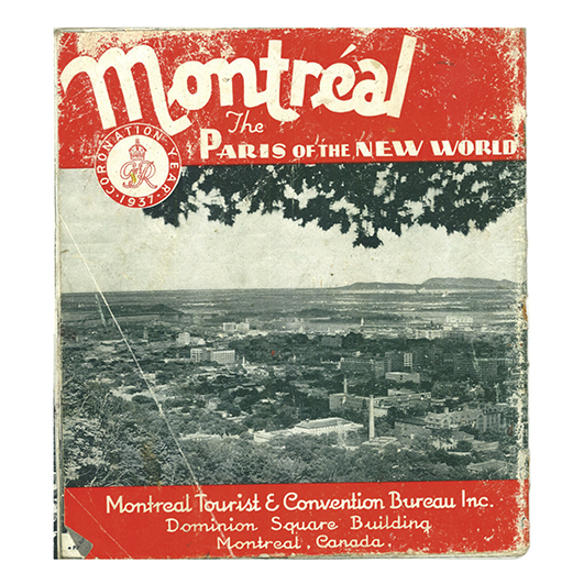 color photo; a 1937 magazine cover with a picture of Montreal from a high vantage point. The magazine's title is 'Montreal: the Paris of the New World'
