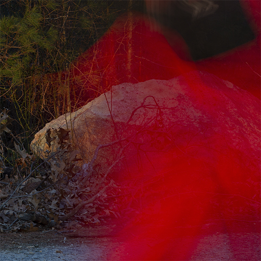 color photo of a large rock in the woods at night. A transparent bright red blur obscures the right side