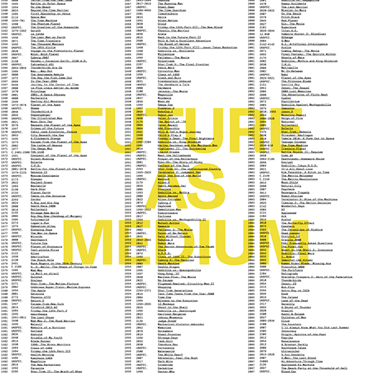 three columns of small black text with large yellow sans serif text overlayed that reads 'Future as Medium'