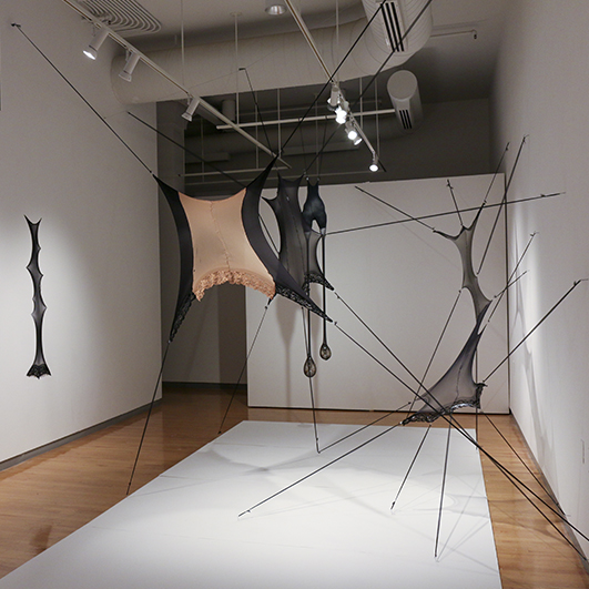 Color photograph of a white-walled exhibition space, occupied by sheer nylon fabric stretched out like animal skins, suspended from the walls, ceiling, and floor