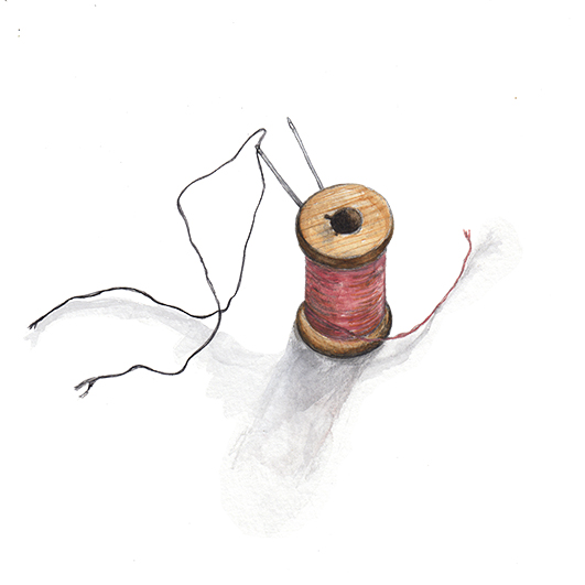 color drawing of a wooden spool of red thread with two sewing needles stuck into it. One of the needles is threaded