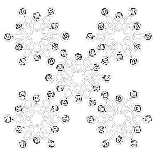 black and white line drawing pattern of small circle forms, forming an X shape. The pattern looks like a snowflake at first, but reveals itself to be circular compacts of birth control pills