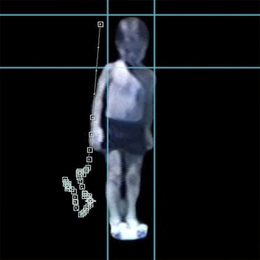 blurry image of a young boy in a bathing suit; there are computer gridlines overlaid and an After Effects motion path with keyframes