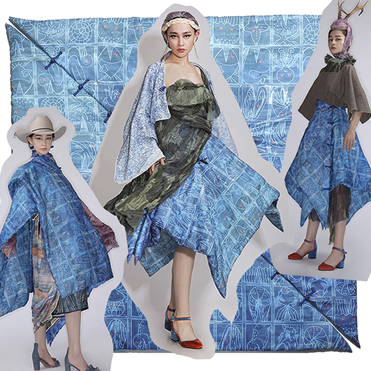 Color photo collage; the background is a blue padded square of fabric with a sea creature pattern. The foreground is three images of a young Asian woman wearing the fabric garment in different ways