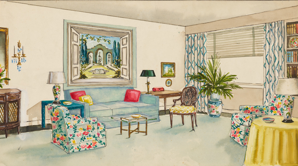 /Colored-pencil%20drawing%20of%20an%20interior%20with%20a%20pale%20blue%20sofa%2C%20two%20floral%20upholstered%20chairs%2C%20and%20other%20furniture.%20A%20window%20with%20roman%20blinds%20and%20blue%20and%20white%20drapes%20is%20at%20right.