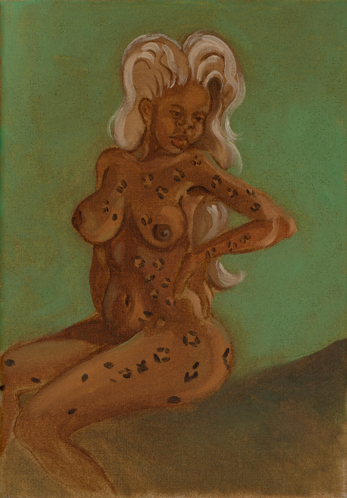 /Centerfold-like%20painting%20of%20a%20seated%20nude%20young%20woman.%20She%20has%20long%20blonde%20hair%20and%20large%20breasts.%20Her%20medium-dark%20skin%20is%20lightly%20covered%20in%20leopard%20spots.%20Green%20background.%20Smooth%2C%20energetic%20brushwork.%20